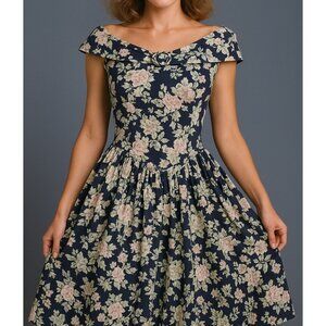 Vintage 1980s All That Jazz Floral Fit & Flare Dress‎ Small Made in USA